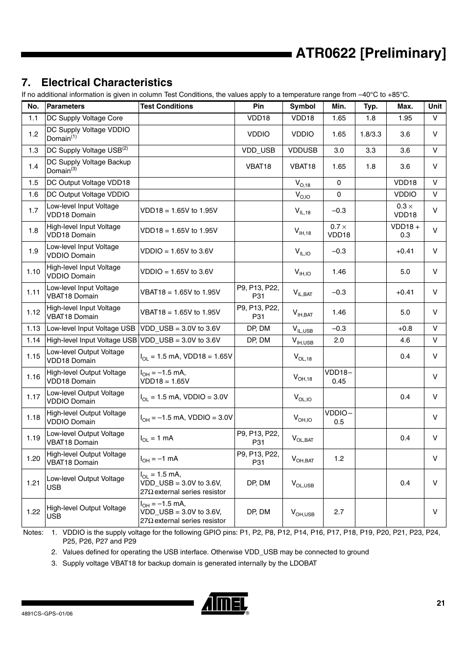 Atr0622 [preliminary, Electrical characteristics | Rainbow Electronics ATR0622 User Manual | Page 21 / 26