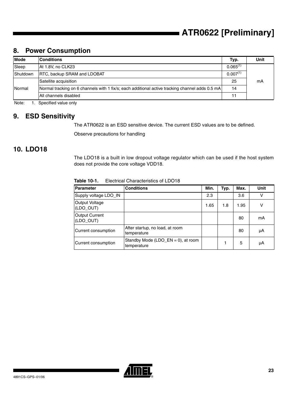 Atr0622 [preliminary, Esd sensitivity, Ldo18 | Power consumption | Rainbow Electronics ATR0622 User Manual | Page 23 / 26