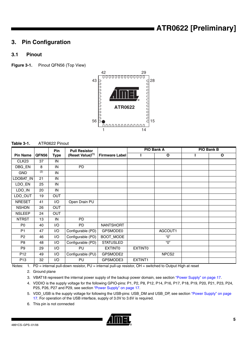 Atr0622 [preliminary, Pin configuration, 1 pinout | Atr0622 | Rainbow Electronics ATR0622 User Manual | Page 5 / 26