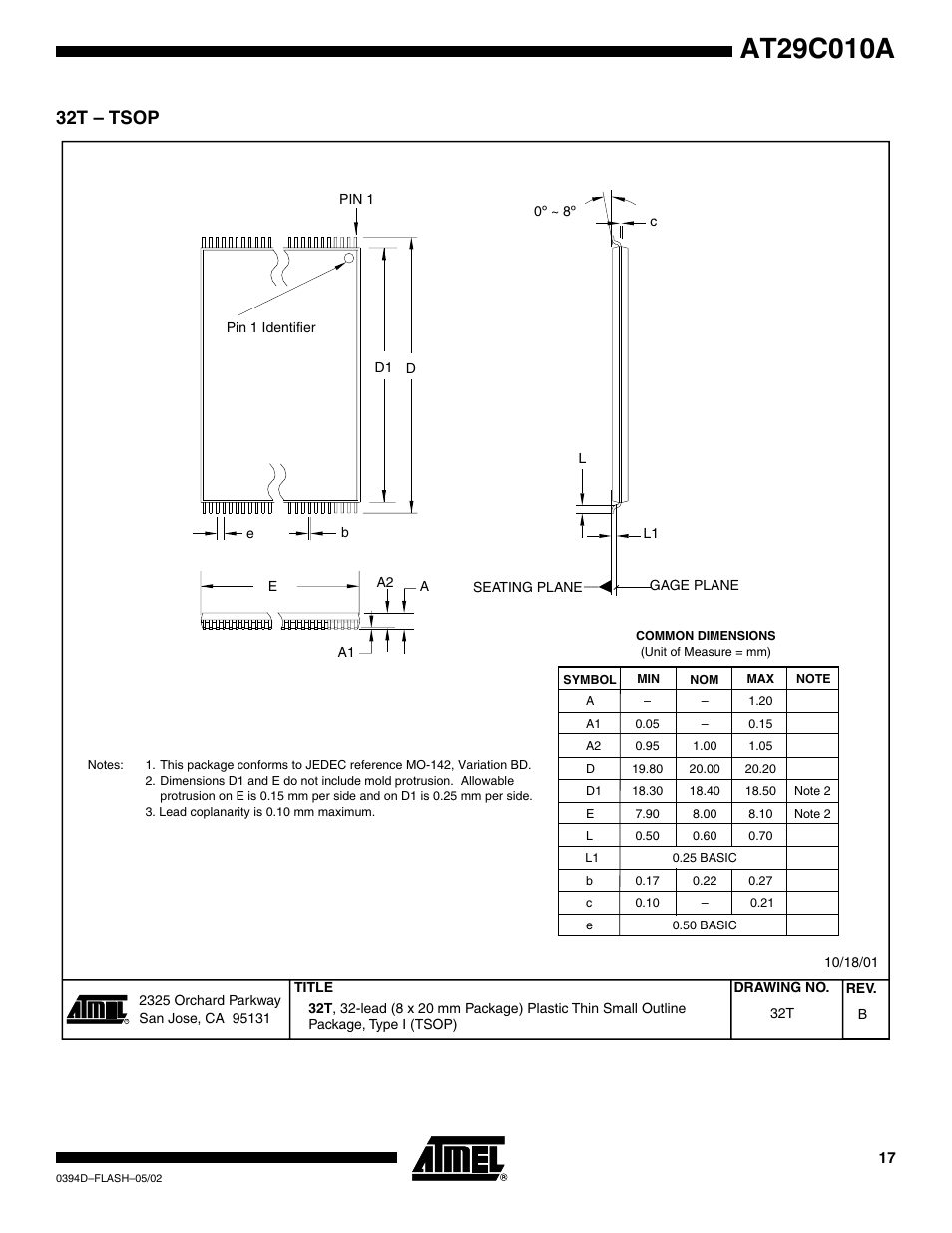 32t – tsop | Rainbow Electronics AT29C010A User Manual | Page 17 / 18