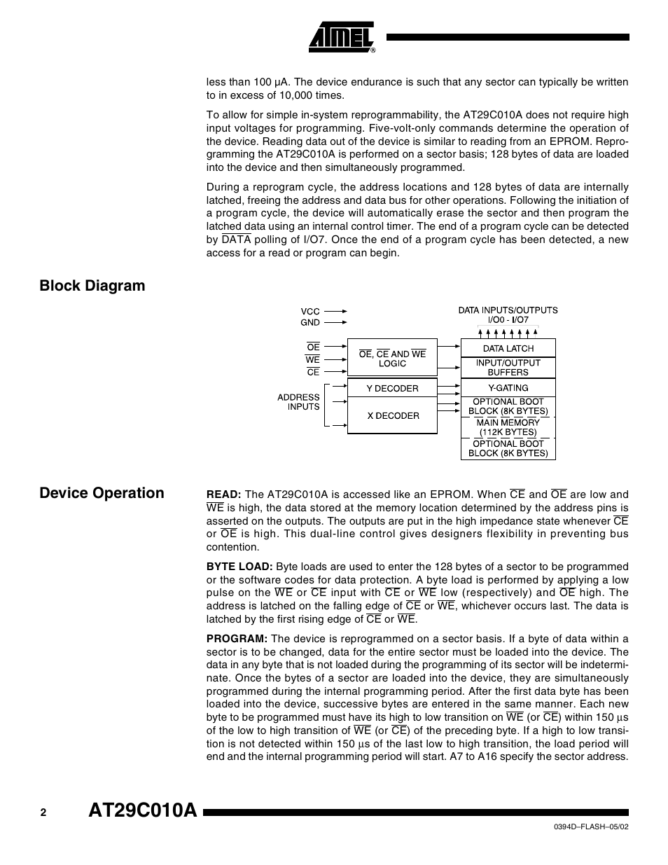 Block diagram, Device operation, Block diagram device operation | Rainbow Electronics AT29C010A User Manual | Page 2 / 18