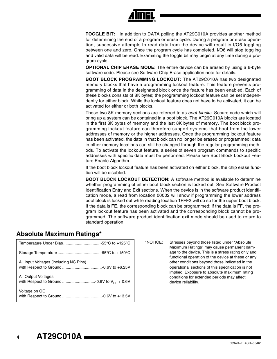Absolute maximum ratings | Rainbow Electronics AT29C010A User Manual | Page 4 / 18