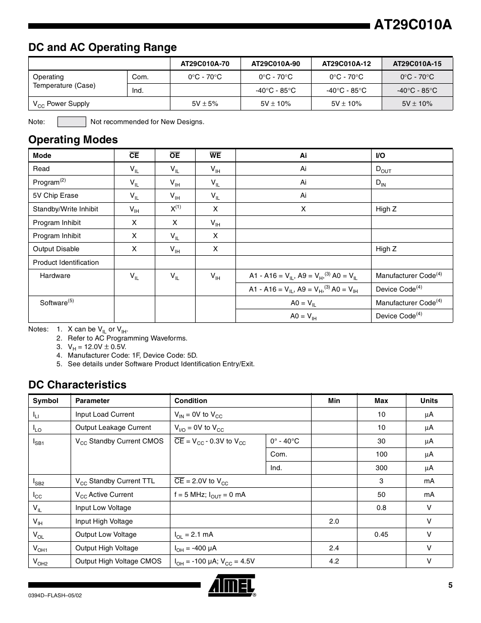 Dc and ac operating range, Operating modes, Dc characteristics | Rainbow Electronics AT29C010A User Manual | Page 5 / 18