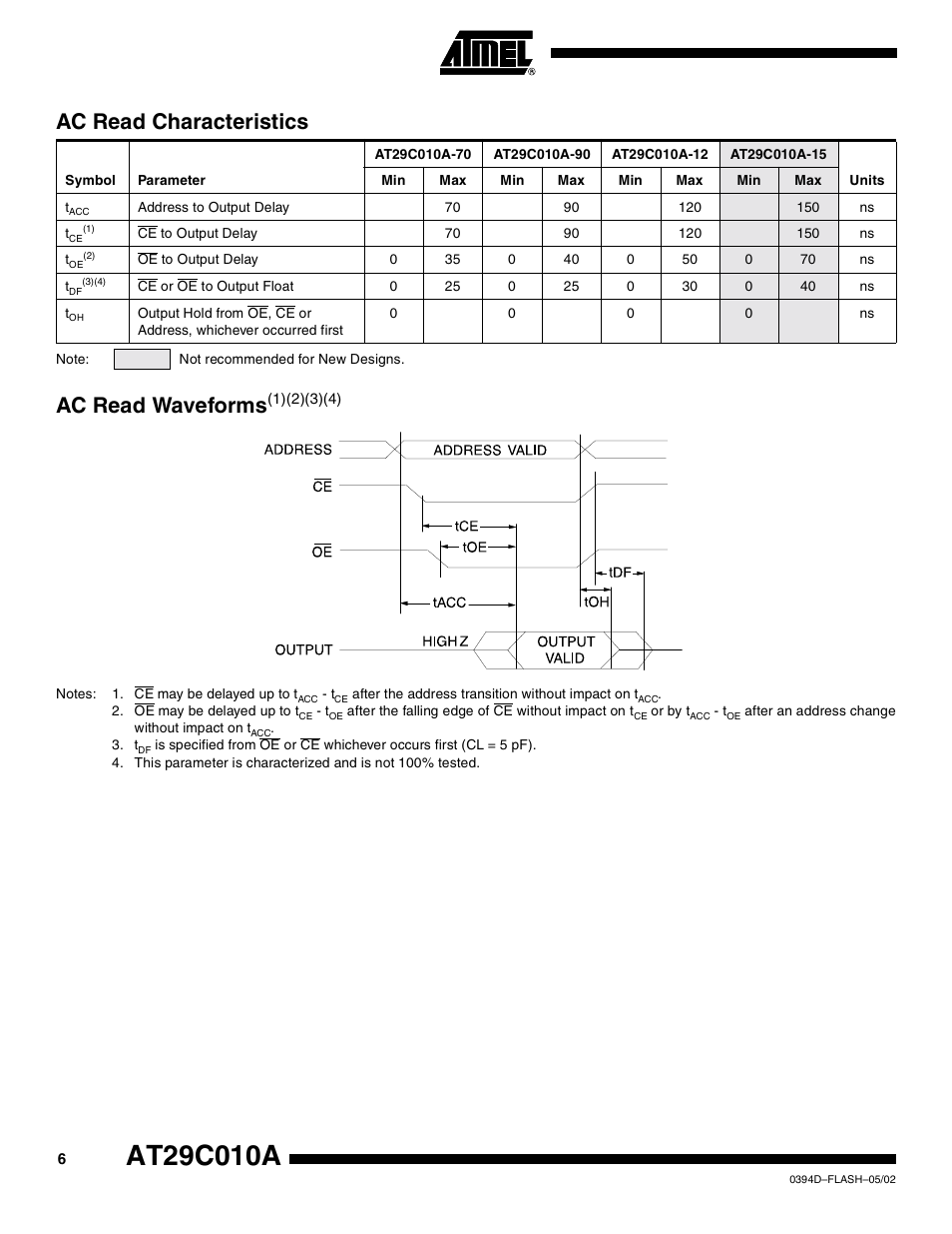 Ac read characteristics, Ac read waveforms(1)(2)(3)(4), Ac read waveforms | Rainbow Electronics AT29C010A User Manual | Page 6 / 18