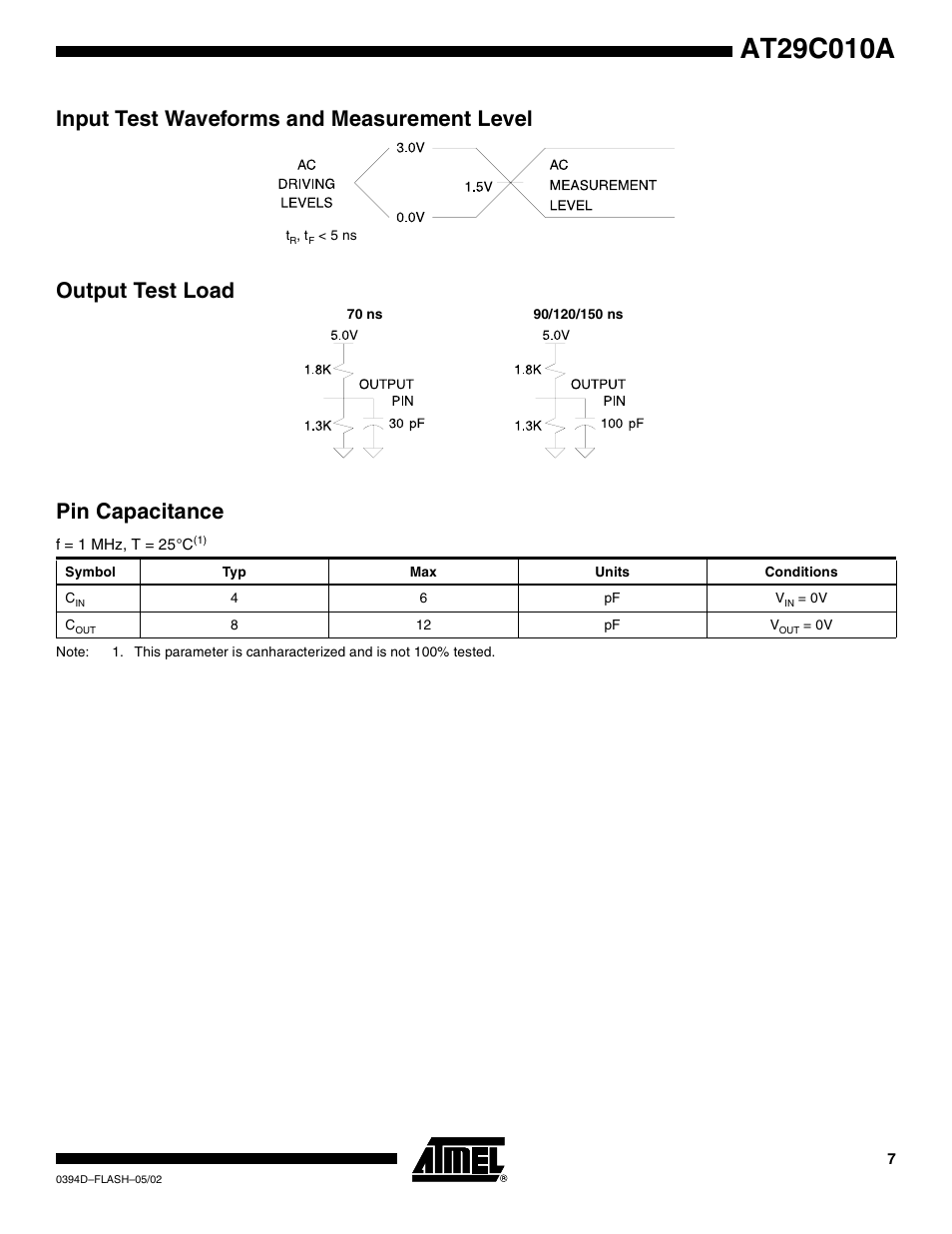 Input test waveforms and measurement level, Output test load, Pin capacitance | Rainbow Electronics AT29C010A User Manual | Page 7 / 18