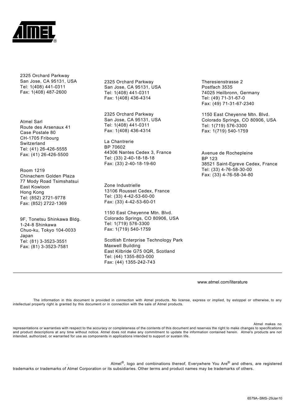 Atmel corporation atmel operations, Regional headquarters | Rainbow Electronics AT90SO4 User Manual | Page 13 / 13