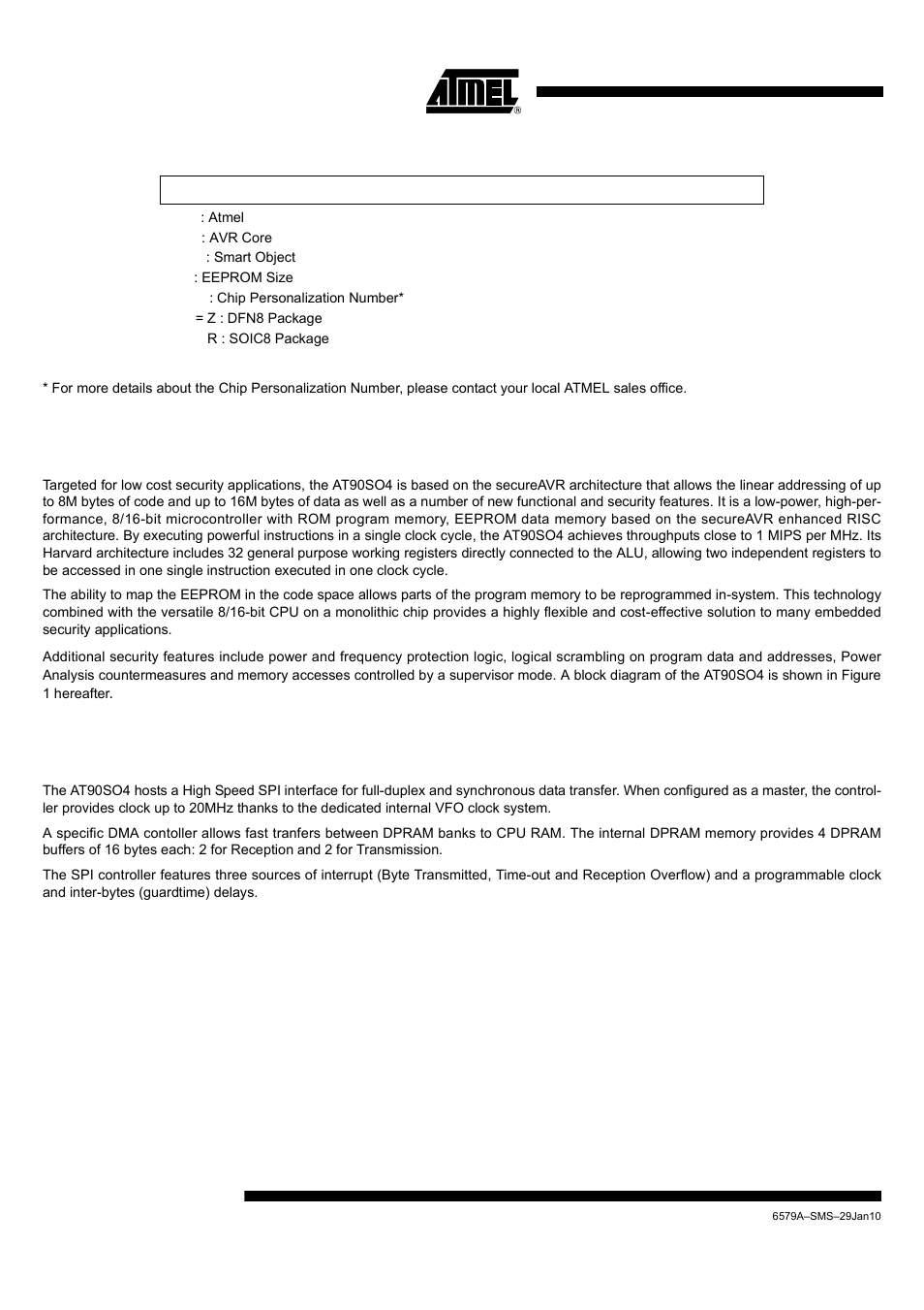 At90so4, Part number, Description | High-speed spi controller | Rainbow Electronics AT90SO4 User Manual | Page 2 / 13