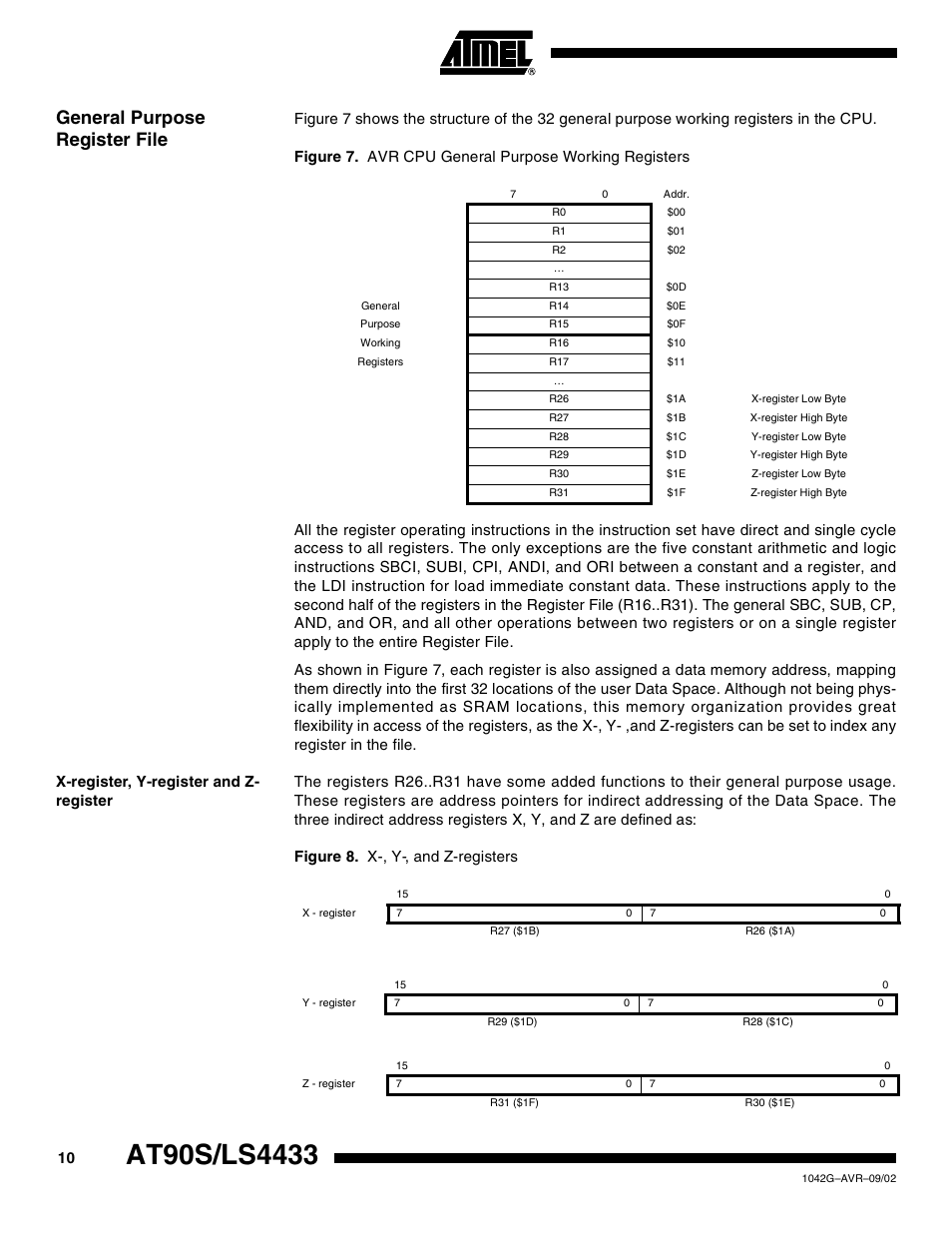 General purpose register file, X-register, y-register and z- register | Rainbow Electronics AT90LS4433 User Manual | Page 10 / 125