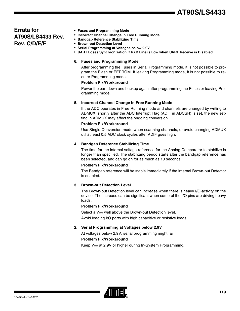 Errata for at90s/ls4433 rev. rev. c/d/e/f | Rainbow Electronics AT90LS4433 User Manual | Page 119 / 125