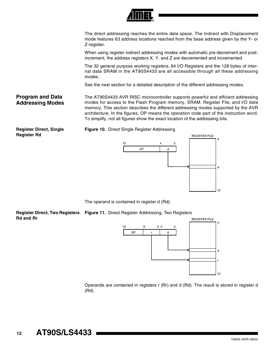Program and data addressing modes, Register direct, single register rd, Register direct, two registers rd and rr | Rainbow Electronics AT90LS4433 User Manual | Page 12 / 125