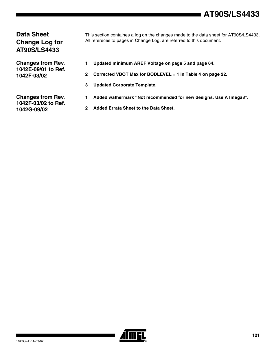 Data sheet changelog for at90s/ls4433, Changes from rev. 1042e-09/01 to ref. 1042f-03/02, Changes from rev. 1042f-03/02 to ref. 1042g-09/02 | Rainbow Electronics AT90LS4433 User Manual | Page 121 / 125