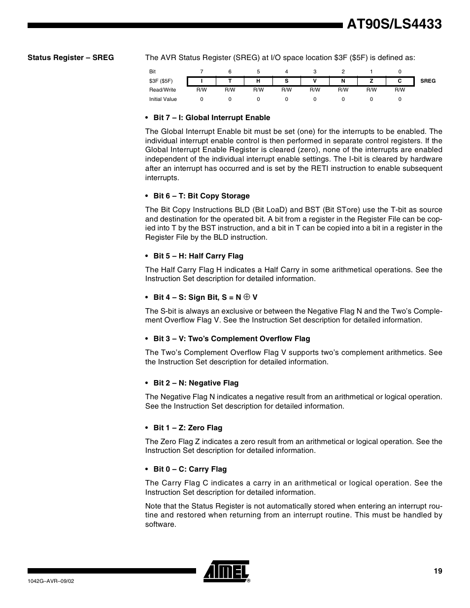 Status register – sreg | Rainbow Electronics AT90LS4433 User Manual | Page 19 / 125