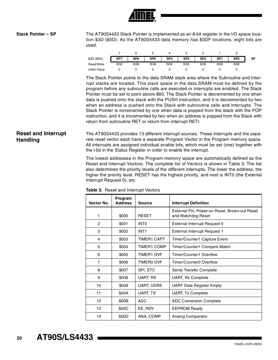 Stack pointer – sp, Reset and interrupt handling | Rainbow Electronics AT90LS4433 User Manual | Page 20 / 125