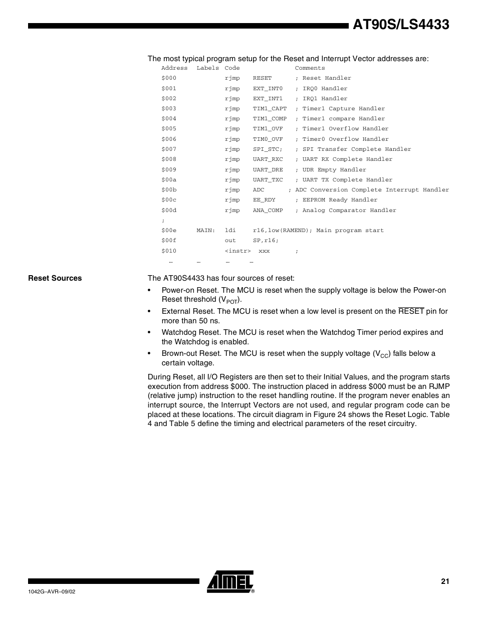 Reset sources | Rainbow Electronics AT90LS4433 User Manual | Page 21 / 125
