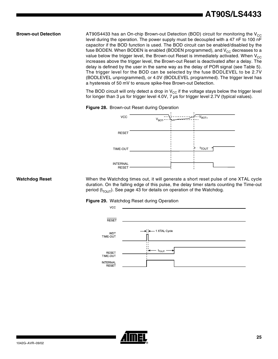 Brown-out detection, Watchdog reset | Rainbow Electronics AT90LS4433 User Manual | Page 25 / 125