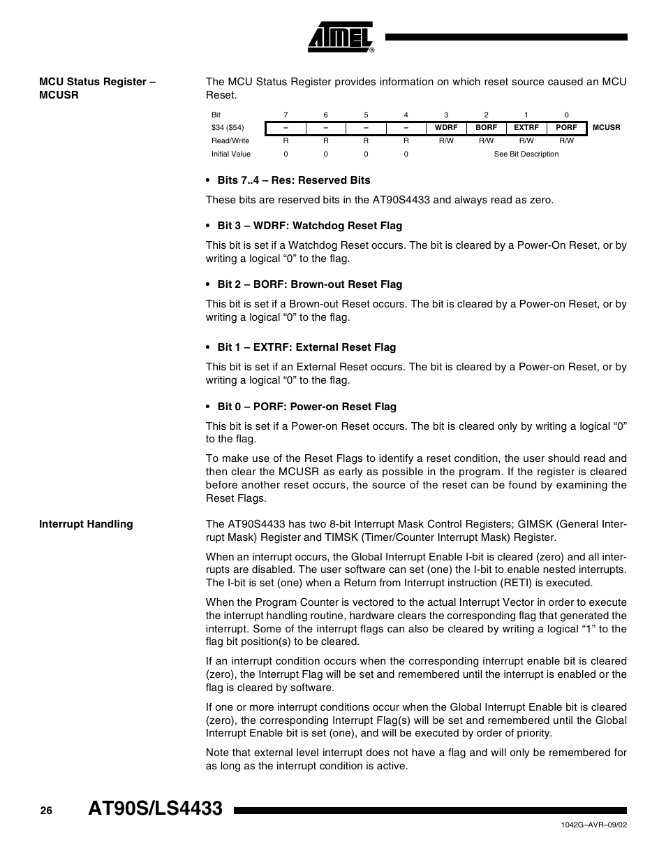 Mcu status register – mcusr, Interrupt handling | Rainbow Electronics AT90LS4433 User Manual | Page 26 / 125