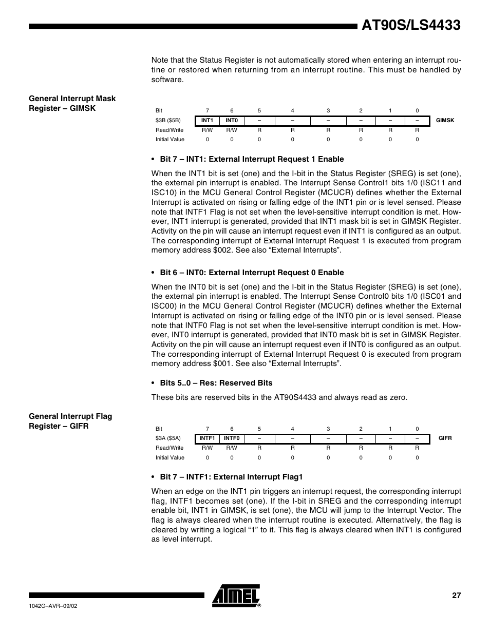 General interrupt mask register – gimsk, General interrupt flag register – gifr | Rainbow Electronics AT90LS4433 User Manual | Page 27 / 125