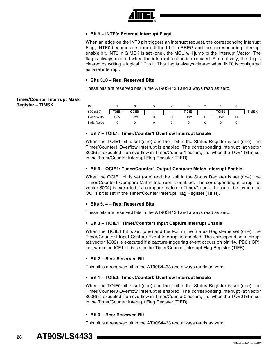 Timer/counter interrupt mask register – timsk | Rainbow Electronics AT90LS4433 User Manual | Page 28 / 125