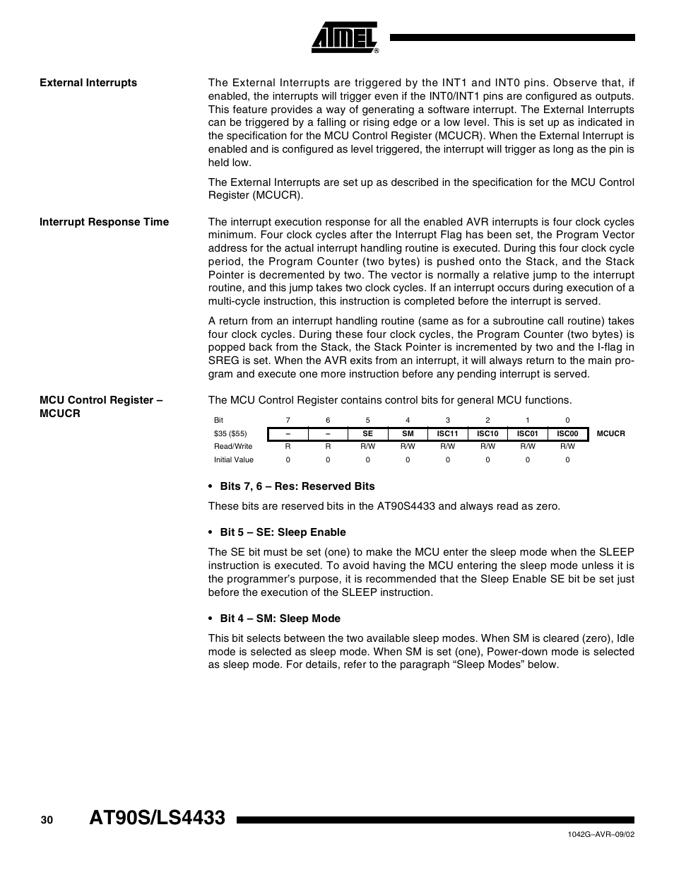 External interrupts, Interrupt response time, Mcu control register – mcucr | Rainbow Electronics AT90LS4433 User Manual | Page 30 / 125