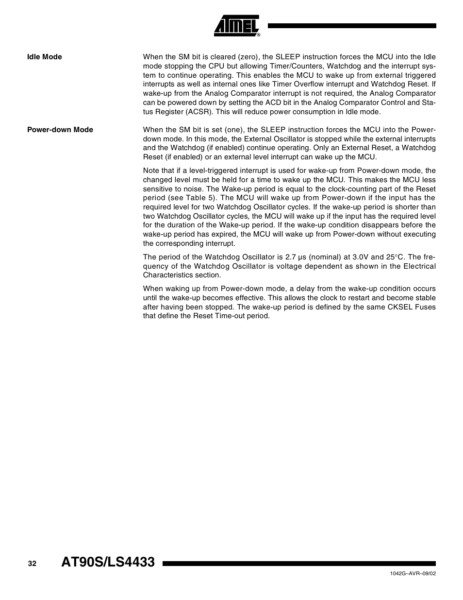 Idle mode, Power-down mode | Rainbow Electronics AT90LS4433 User Manual | Page 32 / 125