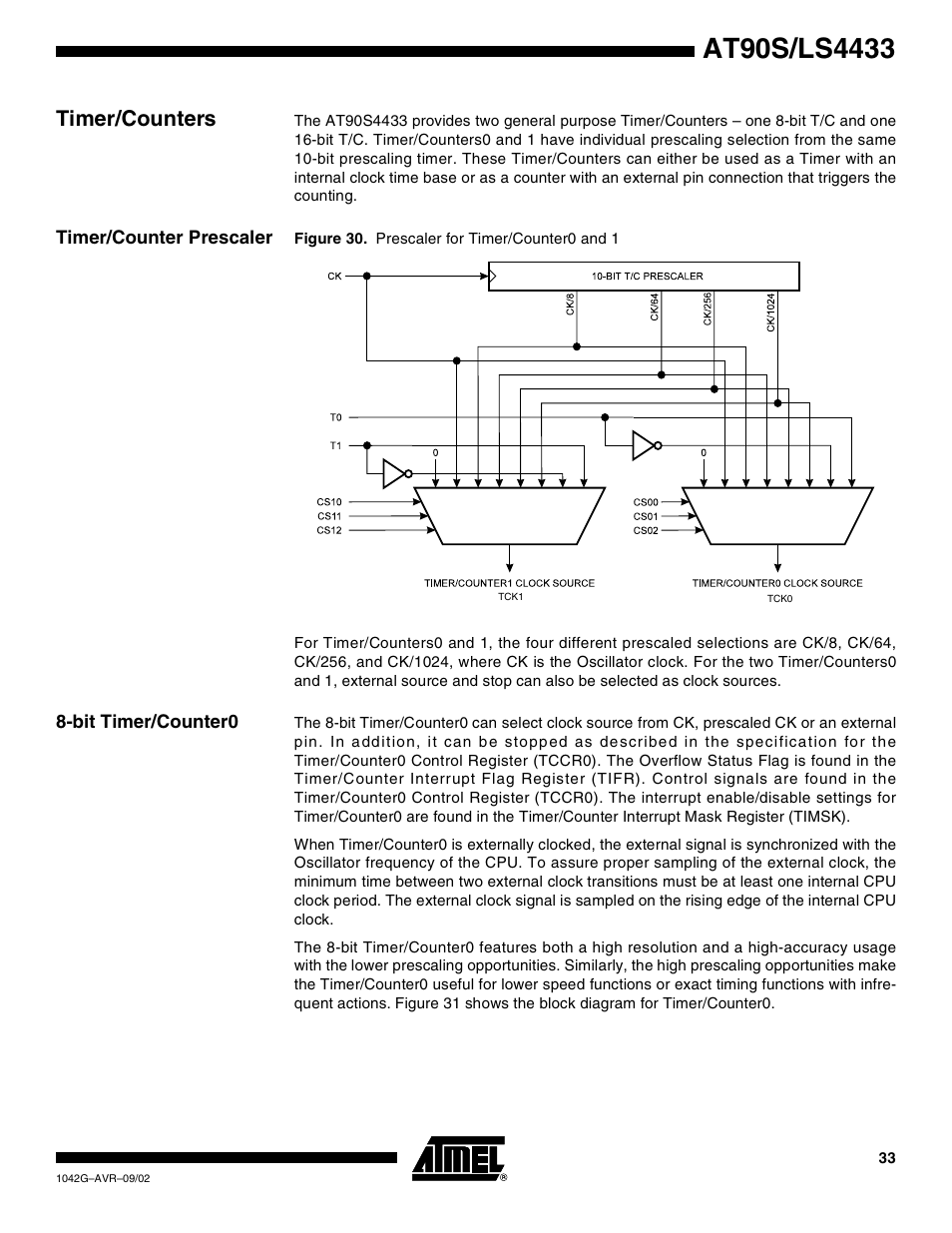Timer/counters, Timer/counter prescaler, Bit timer/counter0 | Rainbow Electronics AT90LS4433 User Manual | Page 33 / 125