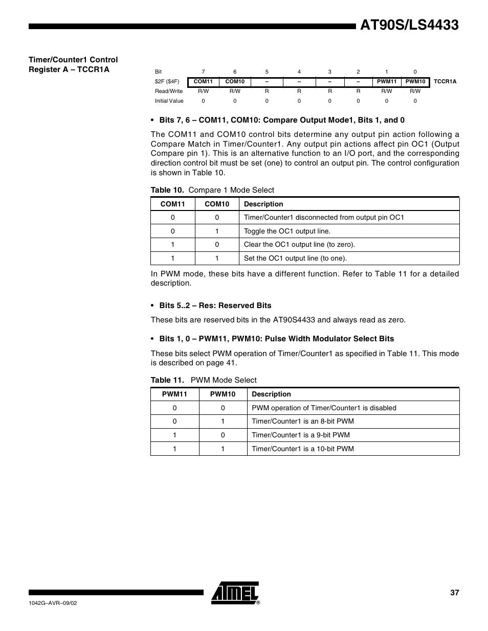 Timer/counter1 control register a – tccr1a | Rainbow Electronics AT90LS4433 User Manual | Page 37 / 125