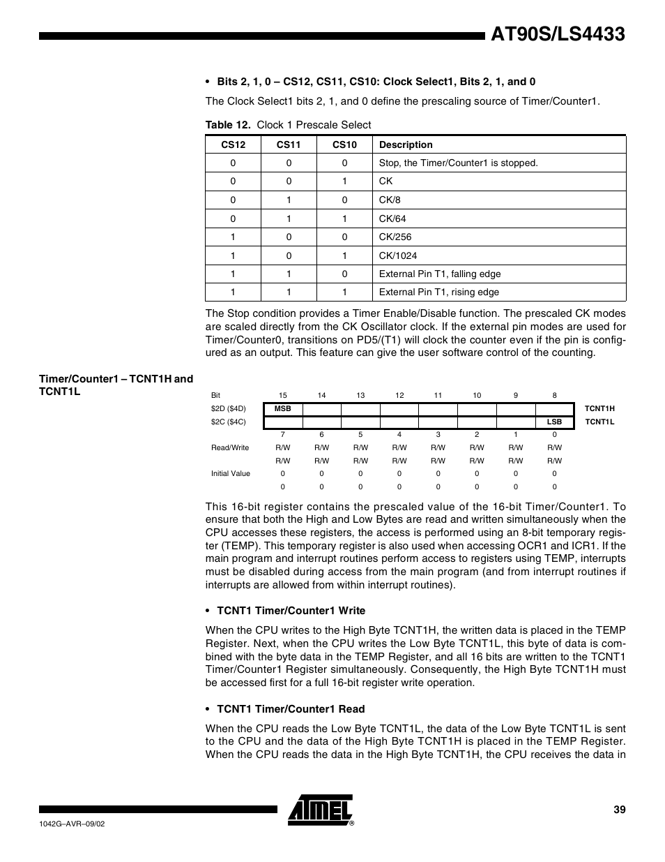 Timer/counter1 – tcnt1h and tcnt1l | Rainbow Electronics AT90LS4433 User Manual | Page 39 / 125