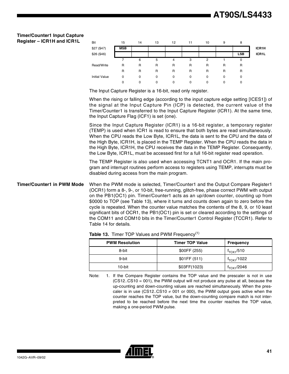 Timer/counter1 in pwm mode, Table 13. timer top values and pwm frequency | Rainbow Electronics AT90LS4433 User Manual | Page 41 / 125