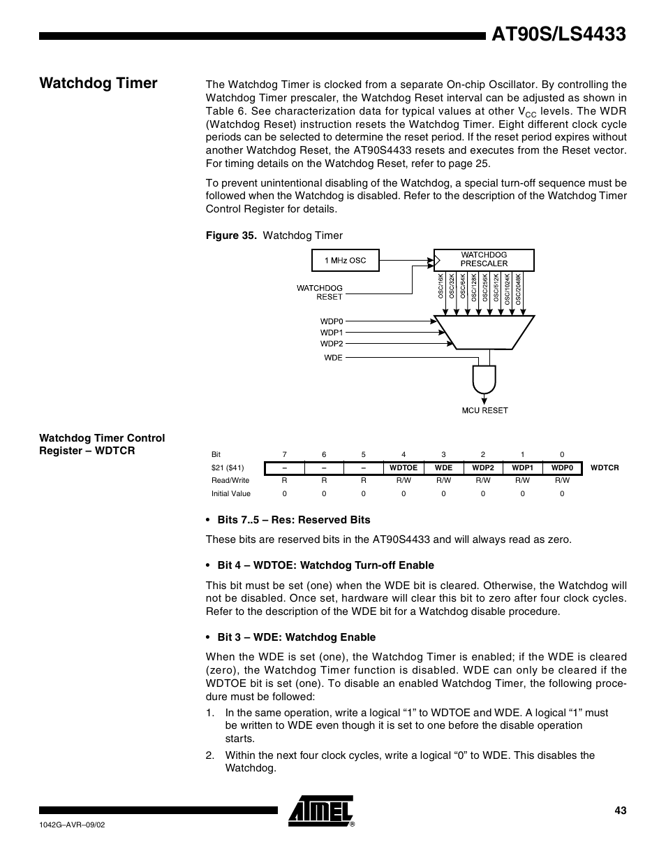 Watchdog timer, Watchdog timer control register – wdtcr | Rainbow Electronics AT90LS4433 User Manual | Page 43 / 125