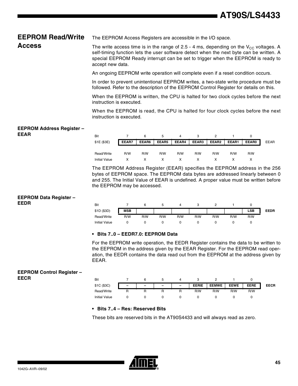 Eeprom read/write access, Eeprom address register – eear, Eeprom data register – eedr | Eeprom control register – eecr | Rainbow Electronics AT90LS4433 User Manual | Page 45 / 125