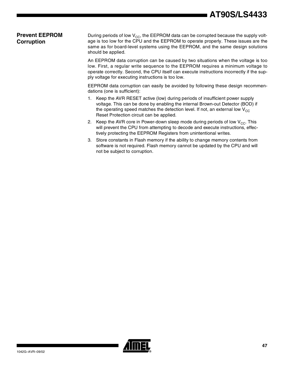 Prevent eeprom corruption | Rainbow Electronics AT90LS4433 User Manual | Page 47 / 125