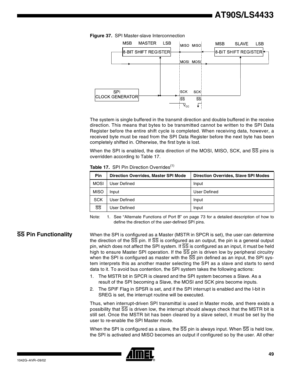 Ss pin functionality | Rainbow Electronics AT90LS4433 User Manual | Page 49 / 125