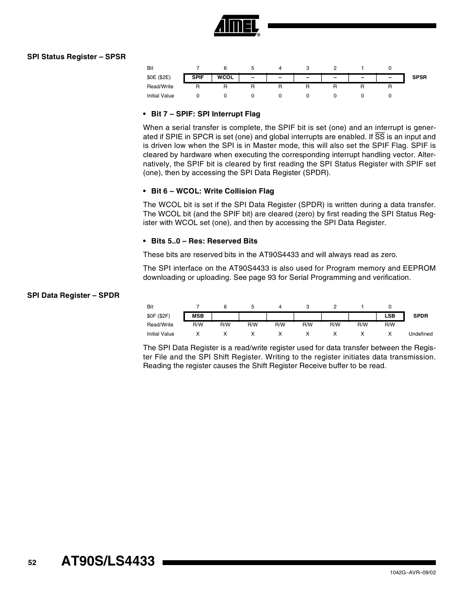 Spi status register – spsr, Spi data register – spdr | Rainbow Electronics AT90LS4433 User Manual | Page 52 / 125