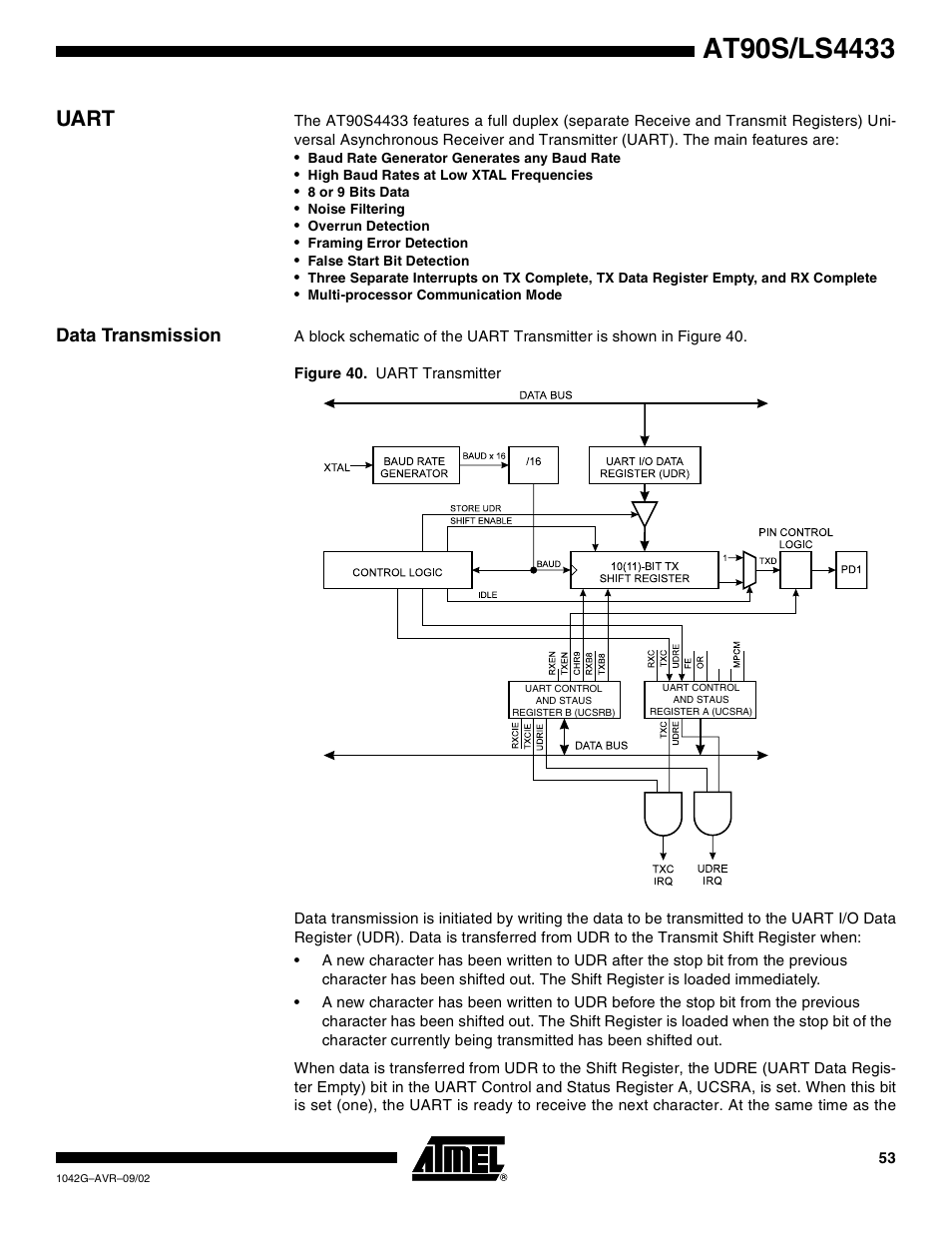 Uart, Data transmission | Rainbow Electronics AT90LS4433 User Manual | Page 53 / 125