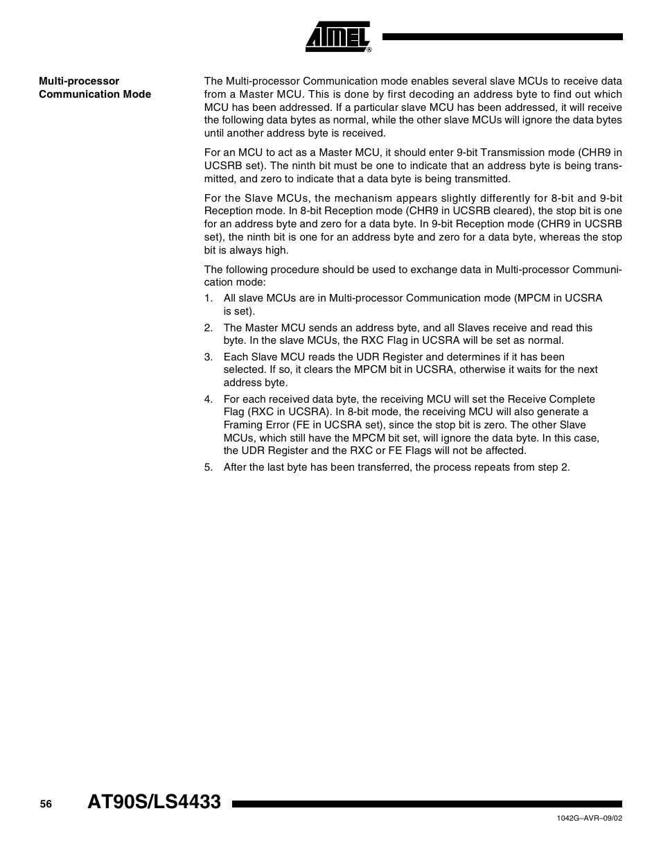 Multi-processor communication mode | Rainbow Electronics AT90LS4433 User Manual | Page 56 / 125
