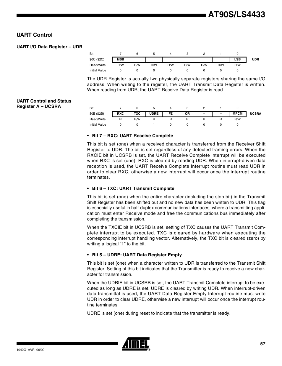 Uart control, Uart i/o data register – udr, Uart control and status register a – ucsra | Rainbow Electronics AT90LS4433 User Manual | Page 57 / 125
