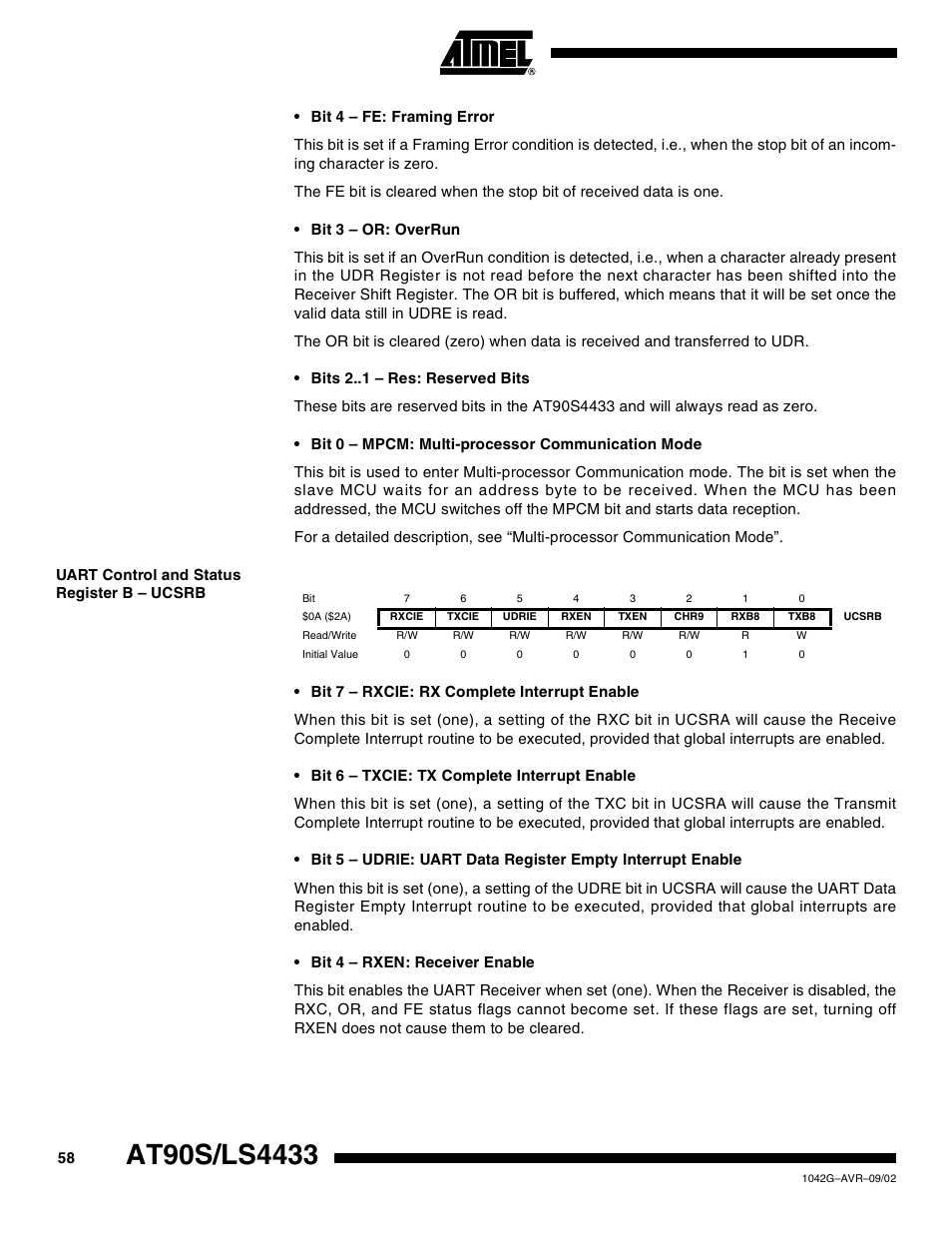 Uart control and status register b – ucsrb | Rainbow Electronics AT90LS4433 User Manual | Page 58 / 125