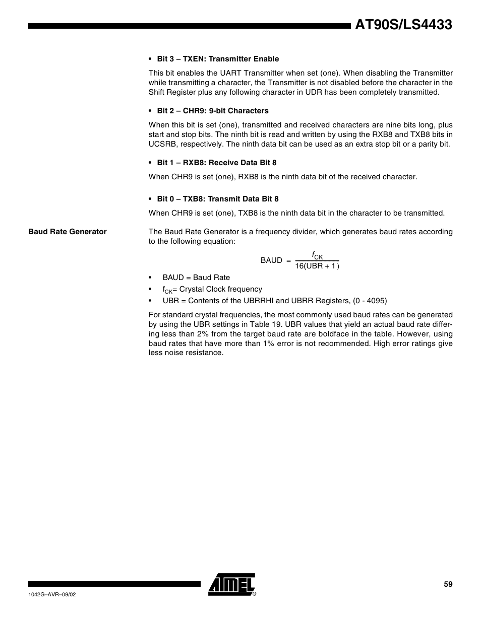 Baud rate generator | Rainbow Electronics AT90LS4433 User Manual | Page 59 / 125