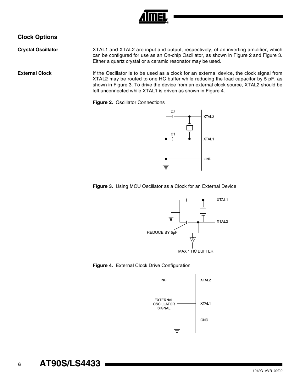 Clock options, Crystal oscillator, External clock | Rainbow Electronics AT90LS4433 User Manual | Page 6 / 125