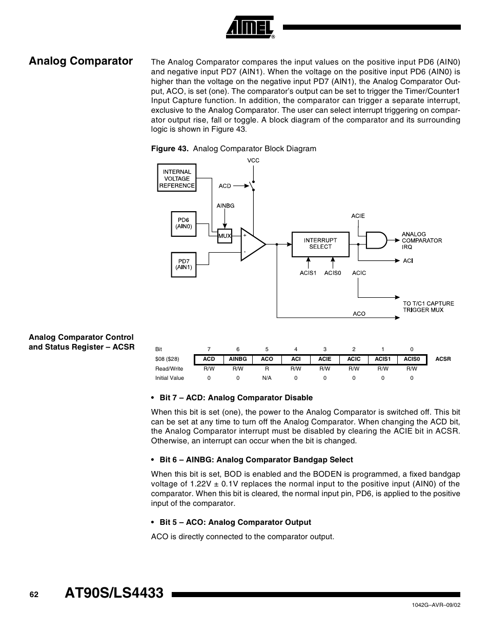 Analog comparator | Rainbow Electronics AT90LS4433 User Manual | Page 62 / 125