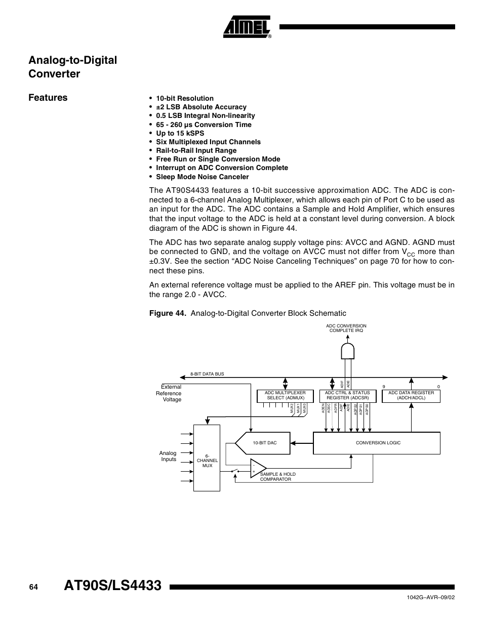 Analog-to-digital converter, Features | Rainbow Electronics AT90LS4433 User Manual | Page 64 / 125