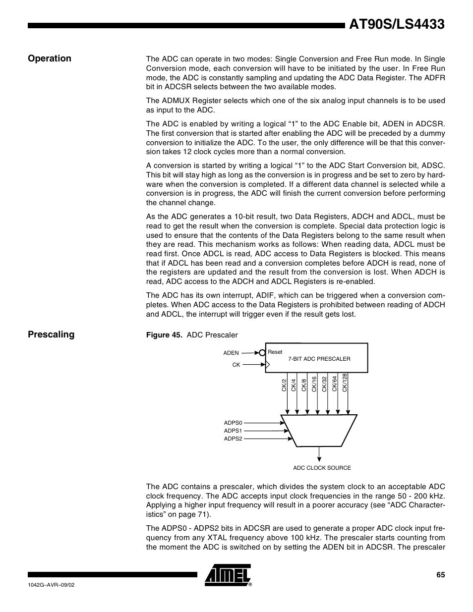 Operation, Prescaling | Rainbow Electronics AT90LS4433 User Manual | Page 65 / 125