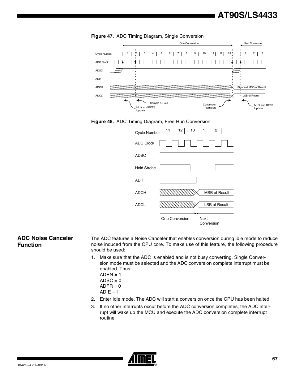 Adc noise canceler function | Rainbow Electronics AT90LS4433 User Manual | Page 67 / 125
