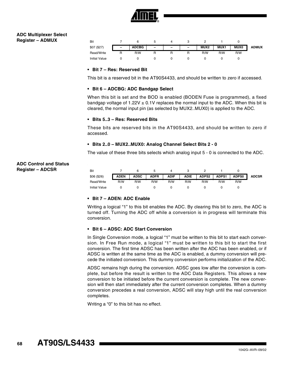Adc multiplexer select register – admux, Adc control and status register – adcsr | Rainbow Electronics AT90LS4433 User Manual | Page 68 / 125