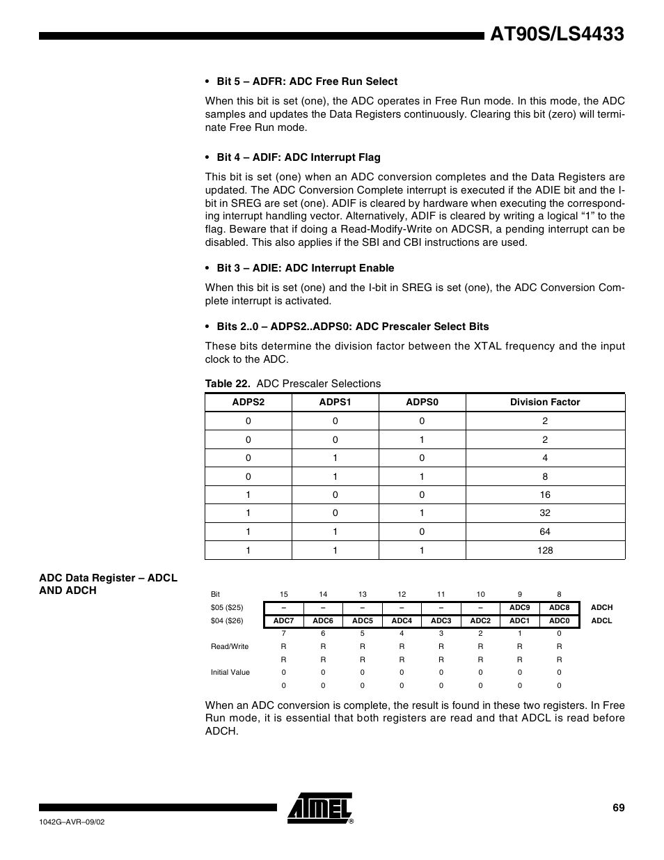 Adc data register – adcl and adch | Rainbow Electronics AT90LS4433 User Manual | Page 69 / 125