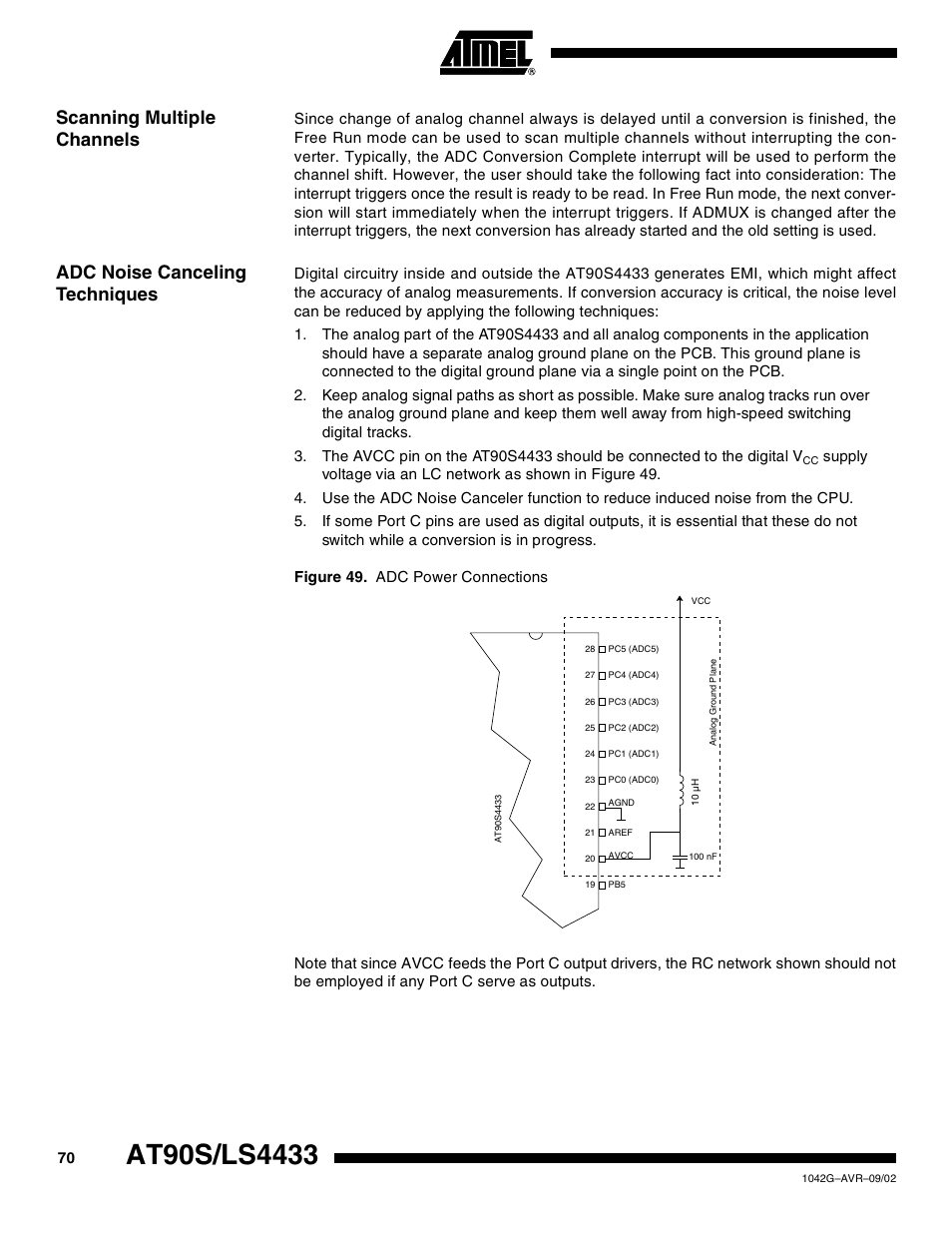 Scanning multiple channels, Adc noise canceling techniques | Rainbow Electronics AT90LS4433 User Manual | Page 70 / 125