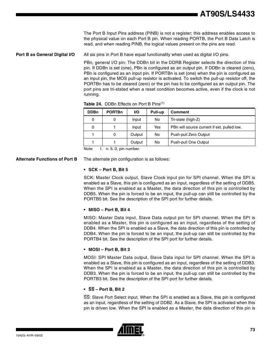 Port b as general digital i/o, Alternate functions of port b | Rainbow Electronics AT90LS4433 User Manual | Page 73 / 125