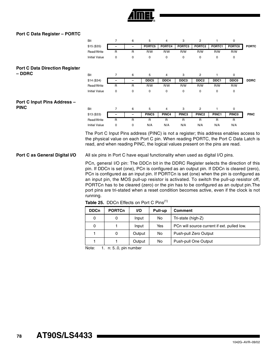 Port c data register – portc, Port c data direction register – ddrc, Port c input pins address – pinc | Port c as general digital i/o, Table 25. ddcn effects on port c pins | Rainbow Electronics AT90LS4433 User Manual | Page 78 / 125