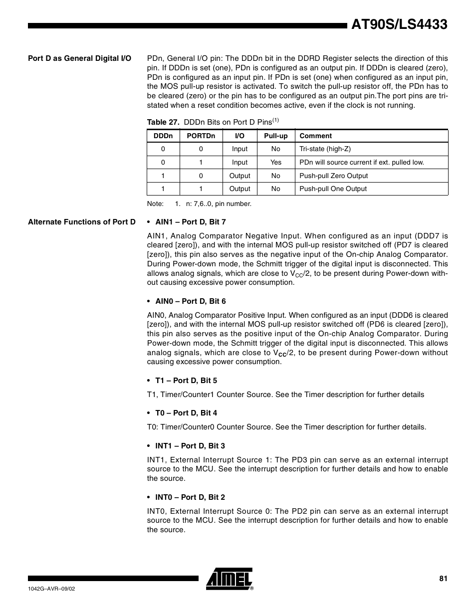 Port d as general digital i/o, Alternate functions of port d | Rainbow Electronics AT90LS4433 User Manual | Page 81 / 125