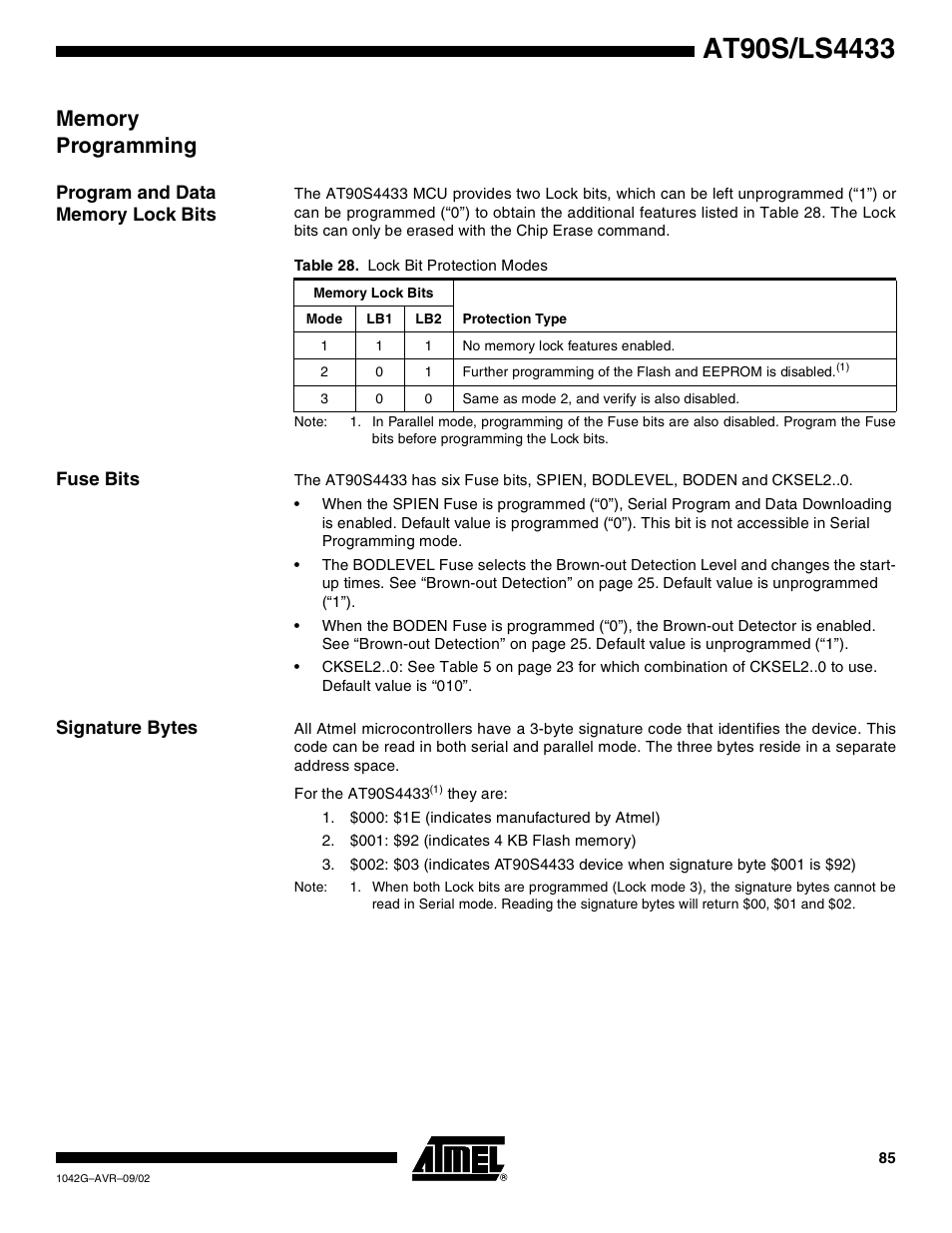 Memory programming, Program and data memory lock bits, Fuse bits | Signature bytes | Rainbow Electronics AT90LS4433 User Manual | Page 85 / 125